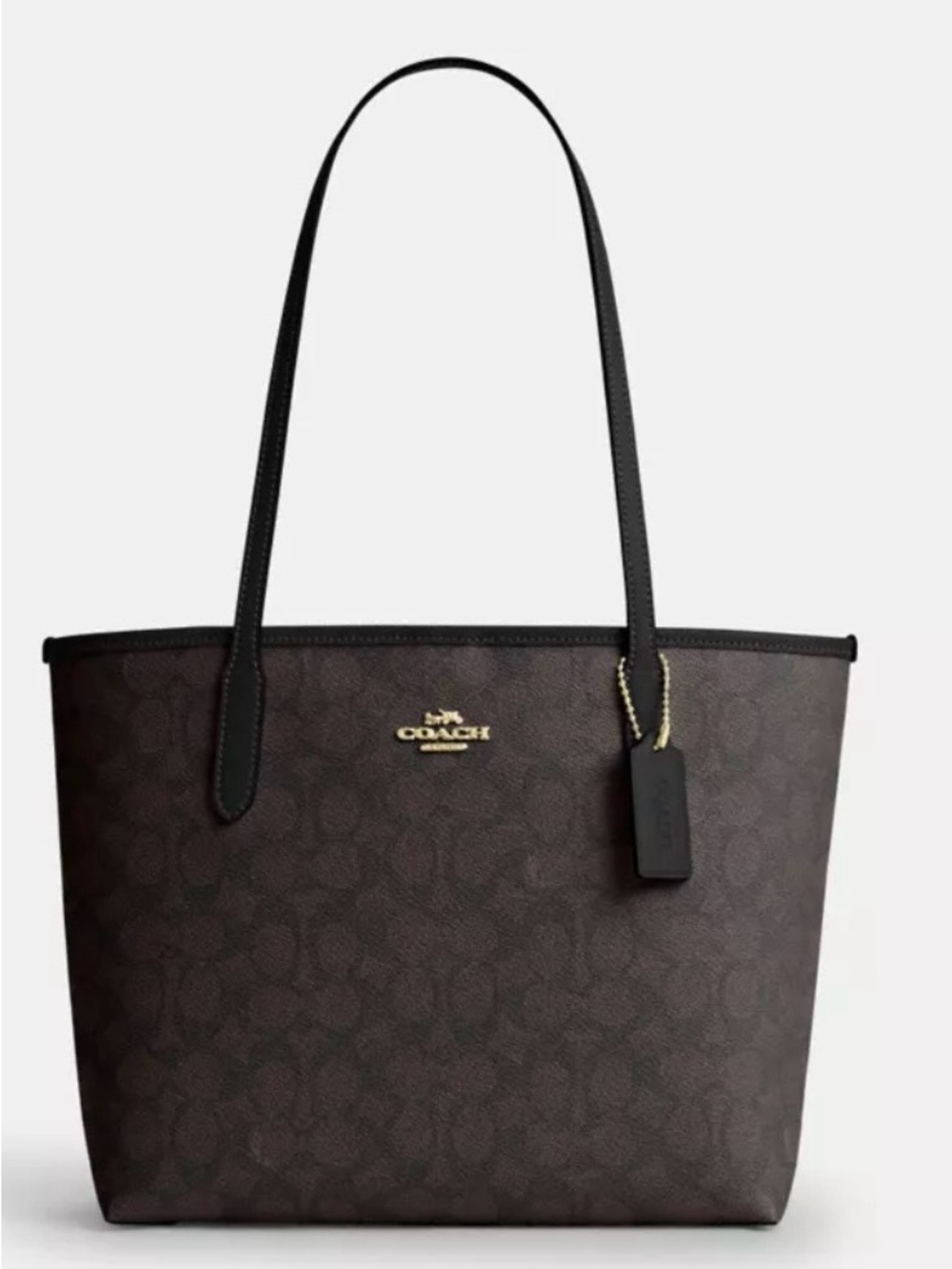 Coach Brown Signature Canvas Tote with Black Leather Straps and Gold Hardware